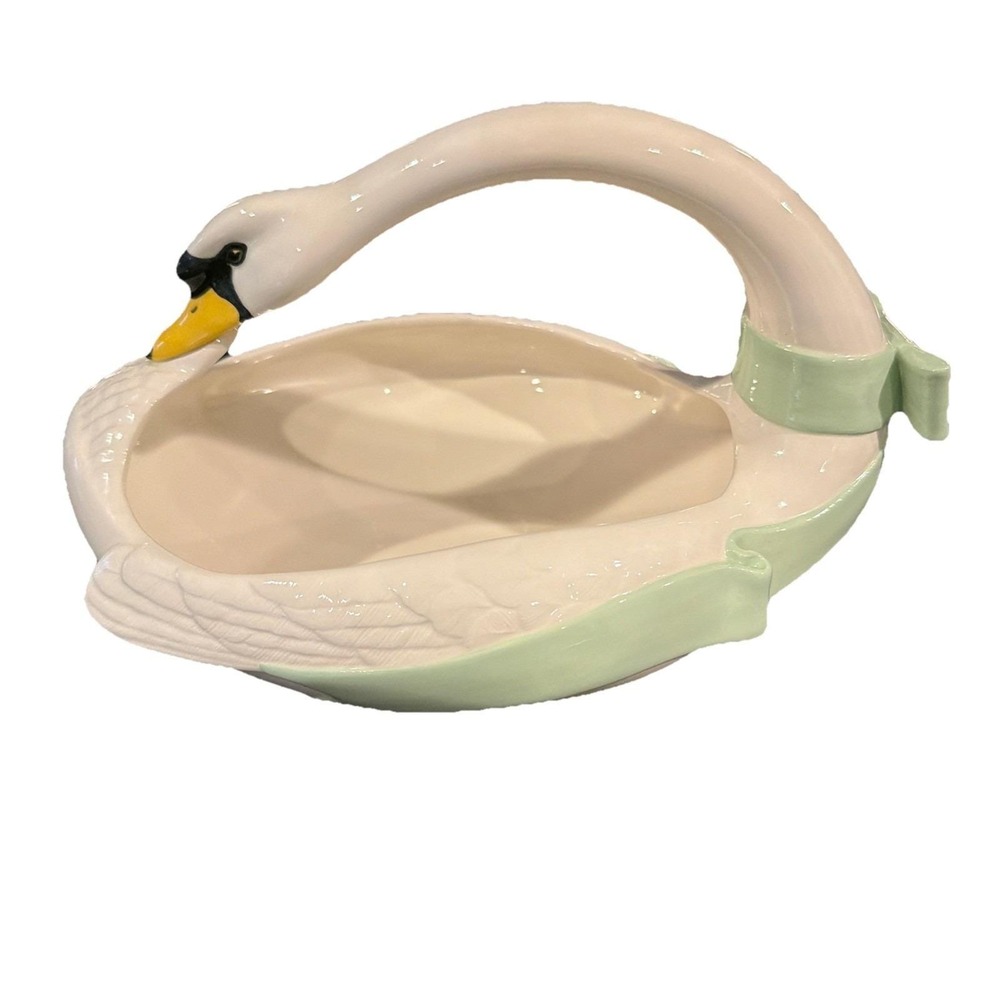 Vtg Swan Duck Ceramic Planter Basket Centerpiece Handpainted Signed By Artist
